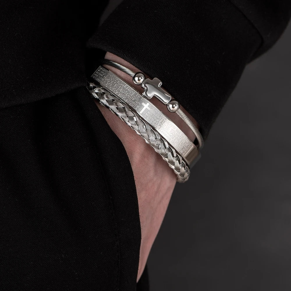 Conjunto de braceletes cruzados em aço inoxidável para homens, escultura em escrituras espanholas, jóias de luxo, Hip Hop, aberto, marca