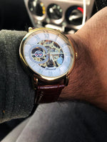 Forsining logotipo 3d design oco gravura preto caso dourado esqueleto de couro relógios mecânicos masculino marca luxo heren horloge