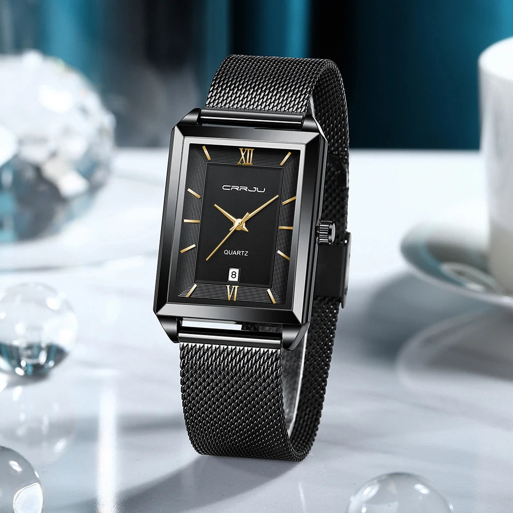 Crrju luxo relógio de ouro masculino quadrado japão quartzo fino malha aço à prova dwaterproof água esportes data automática relógios pulso relogio masculino
