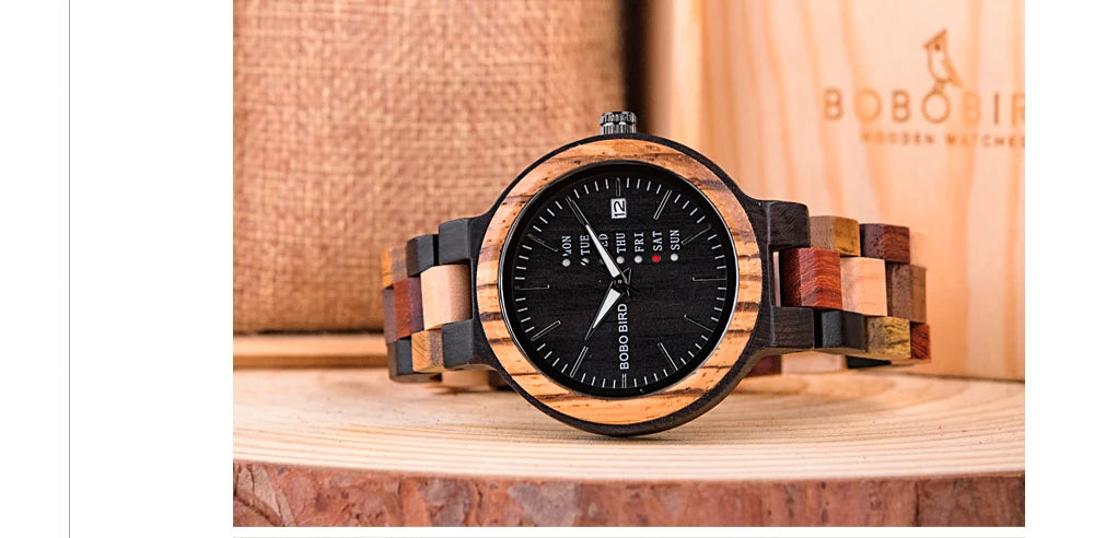 Relógio de pulso zegarek bobo bird para homens e mulheres, relógio de quartzo com pulseira de madeira colorida