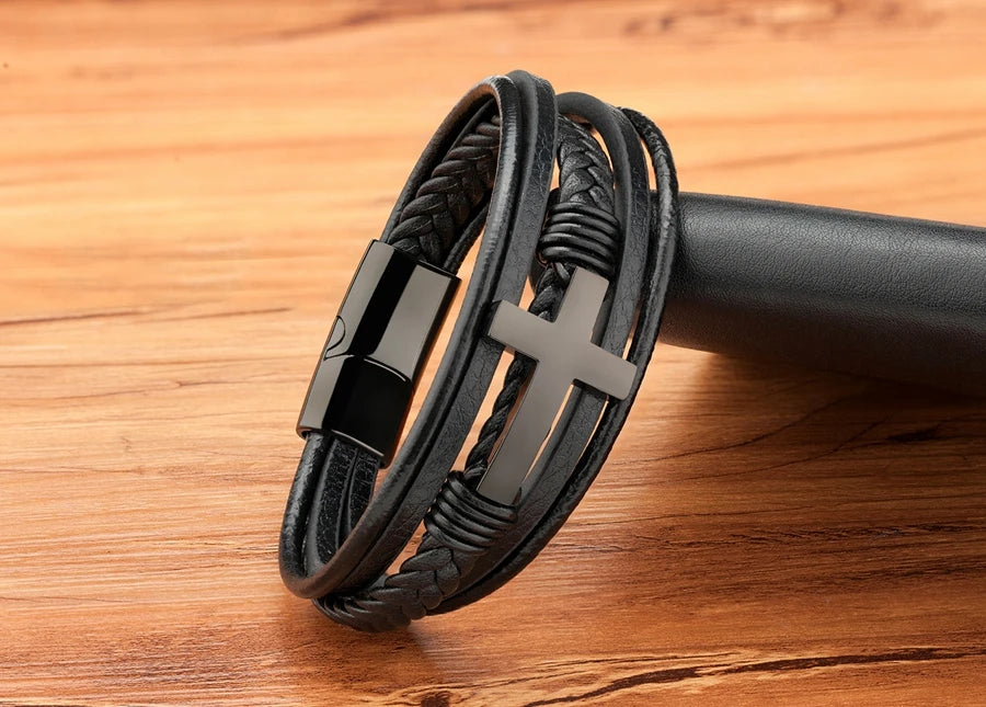 Xqni luxo multicolorido cruz design clássico aço inoxidável pulseira de couro masculino 19/21/23cm escolher bonito presentes de natal
