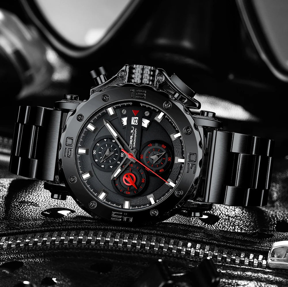 Relogio masculino crrju esporte cronógrafo relógios masculinos marca superior de luxo aço completo relógio quartzo à prova dwaterproof água grande dial relógio masculino