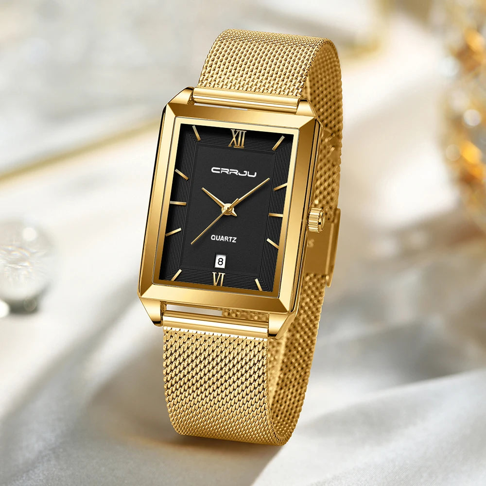 Crrju luxo relógio de ouro masculino quadrado japão quartzo fino malha aço à prova dwaterproof água esportes data automática relógios pulso relogio masculino