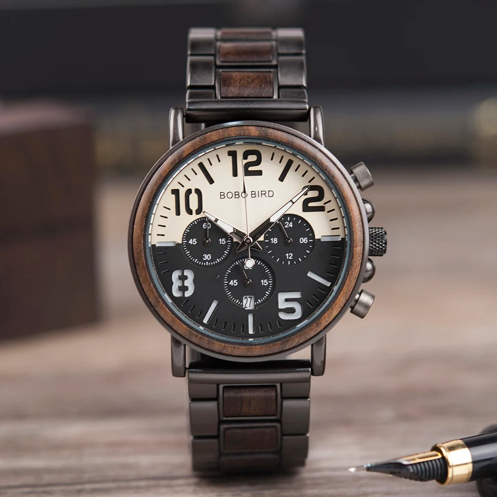 Bobobird relógio masculino de luxo, cronógrafo de quartzo, relógio de pulso personalizado, pulseira de metal e madeira, caixa de presente