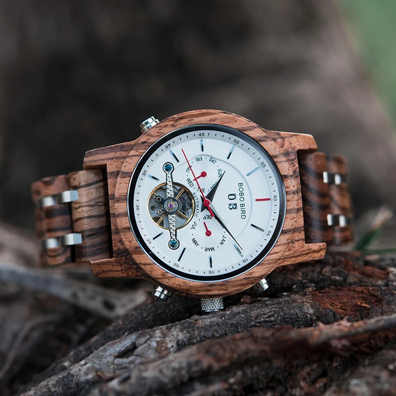 Bobo pássaro relógios mecânicos masculino feminino automático duplo tourbillon relógio de pulso roda balanço metal de madeira relógio relogio
