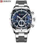 CURREN relógio de pulso masculino, relógio azul de aço inoxidável com pulseira data relógios luxuosos à prova d'água para homens de negócios