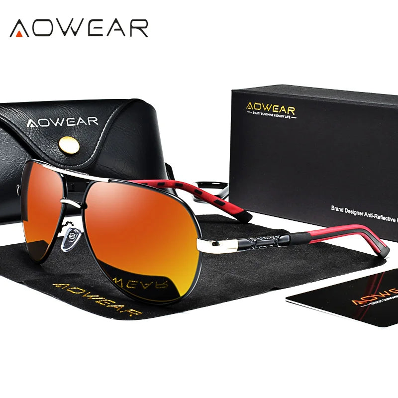 Aowear aviação polarizada óculos de sol dos homens de alumínio espelho de condução óculos de sol masculino marca designer retro acessórios gafas