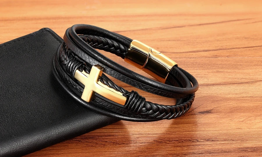 Xqni luxo multicolorido cruz design clássico aço inoxidável pulseira de couro masculino 19/21/23cm escolher bonito presentes de natal