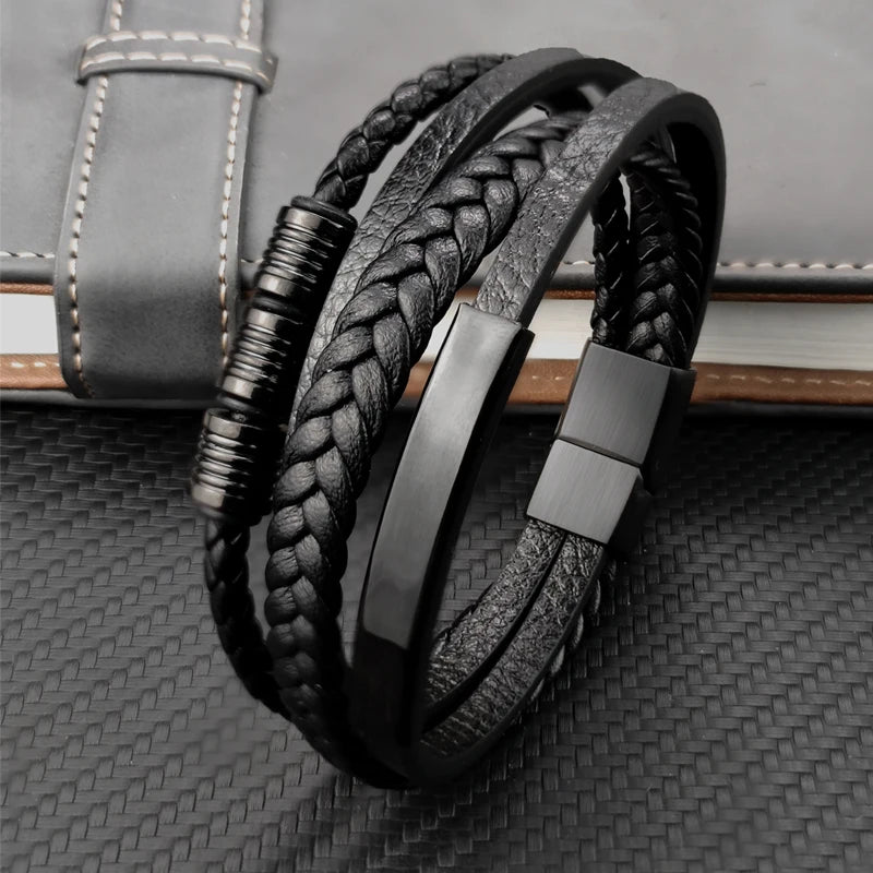 Grânulos de aço inoxidável luxo charme masculino pulseira fecho magnético trançado mutilayer couro embrulho punk pulseiras homem jóias presente