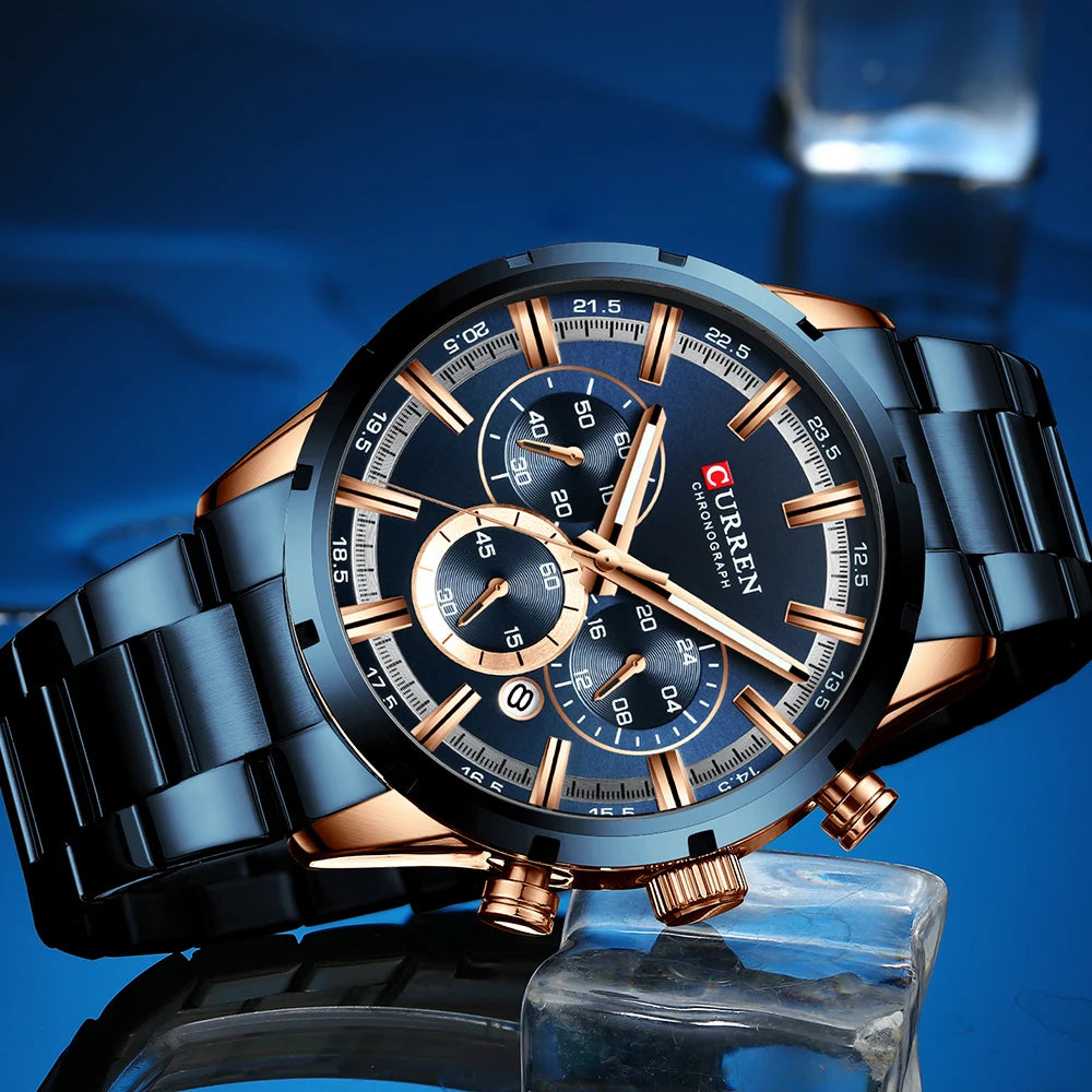 CURREN relógio de pulso masculino, relógio azul de aço inoxidável com pulseira data relógios luxuosos à prova d'água para homens de negócios