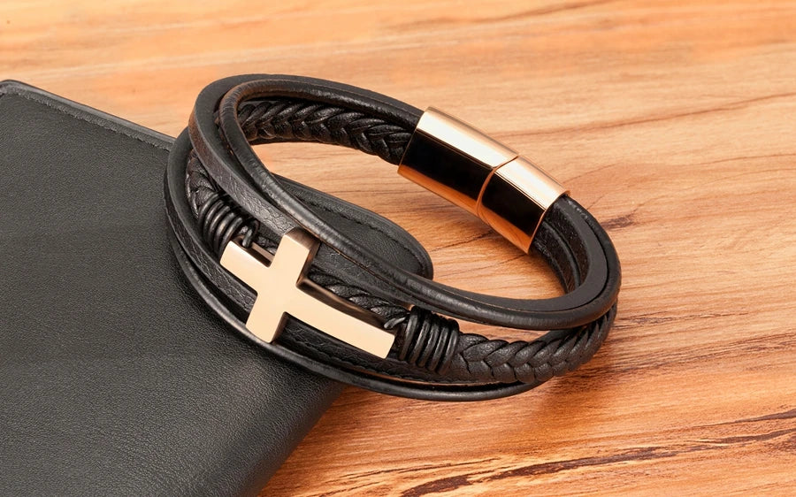 Xqni luxo multicolorido cruz design clássico aço inoxidável pulseira de couro masculino 19/21/23cm escolher bonito presentes de natal
