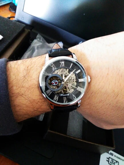 Forsining logotipo 3d design oco gravura preto caso dourado esqueleto de couro relógios mecânicos masculino marca luxo heren horloge