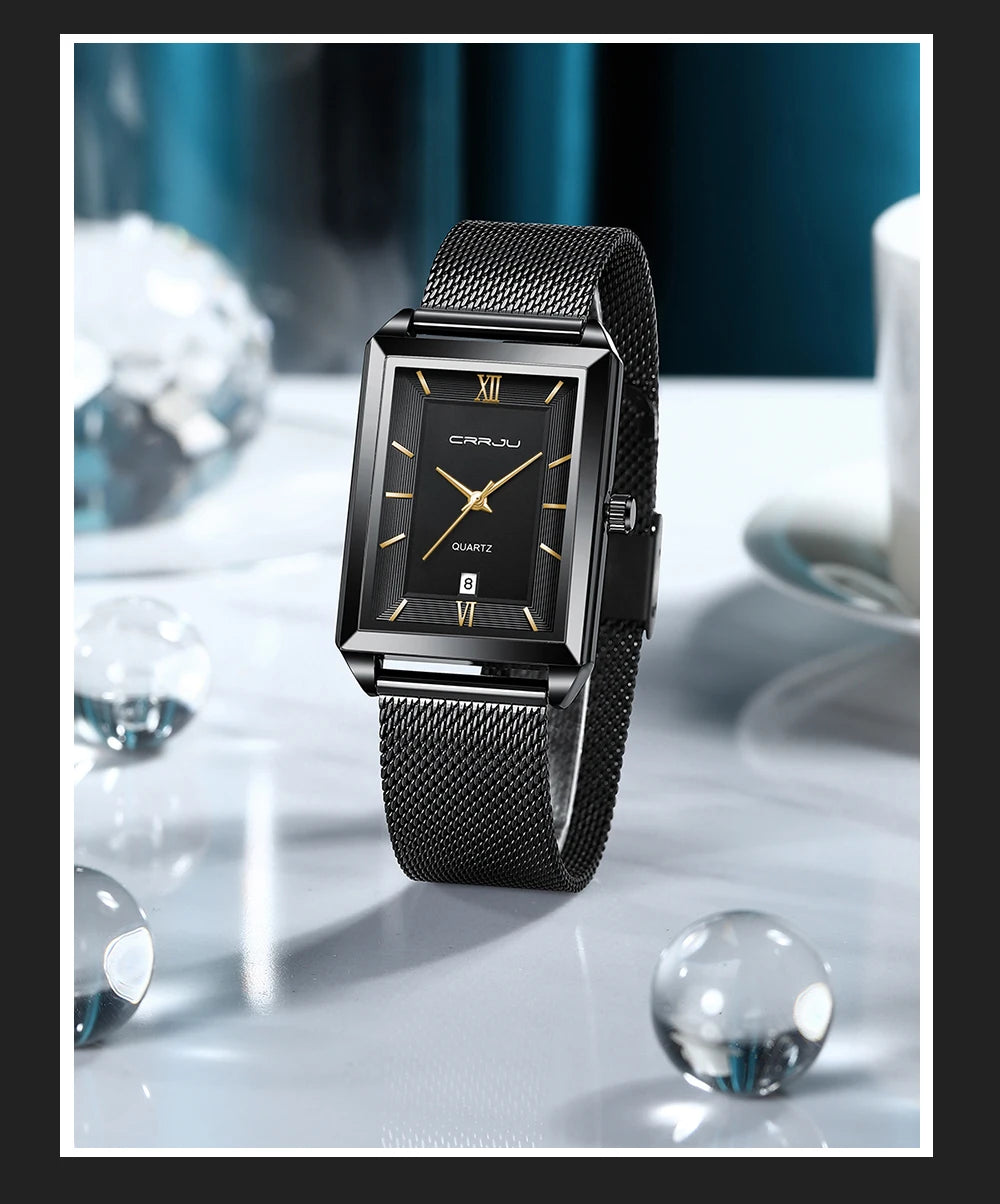 Crrju luxo relógio de ouro masculino quadrado japão quartzo fino malha aço à prova dwaterproof água esportes data automática relógios pulso relogio masculino