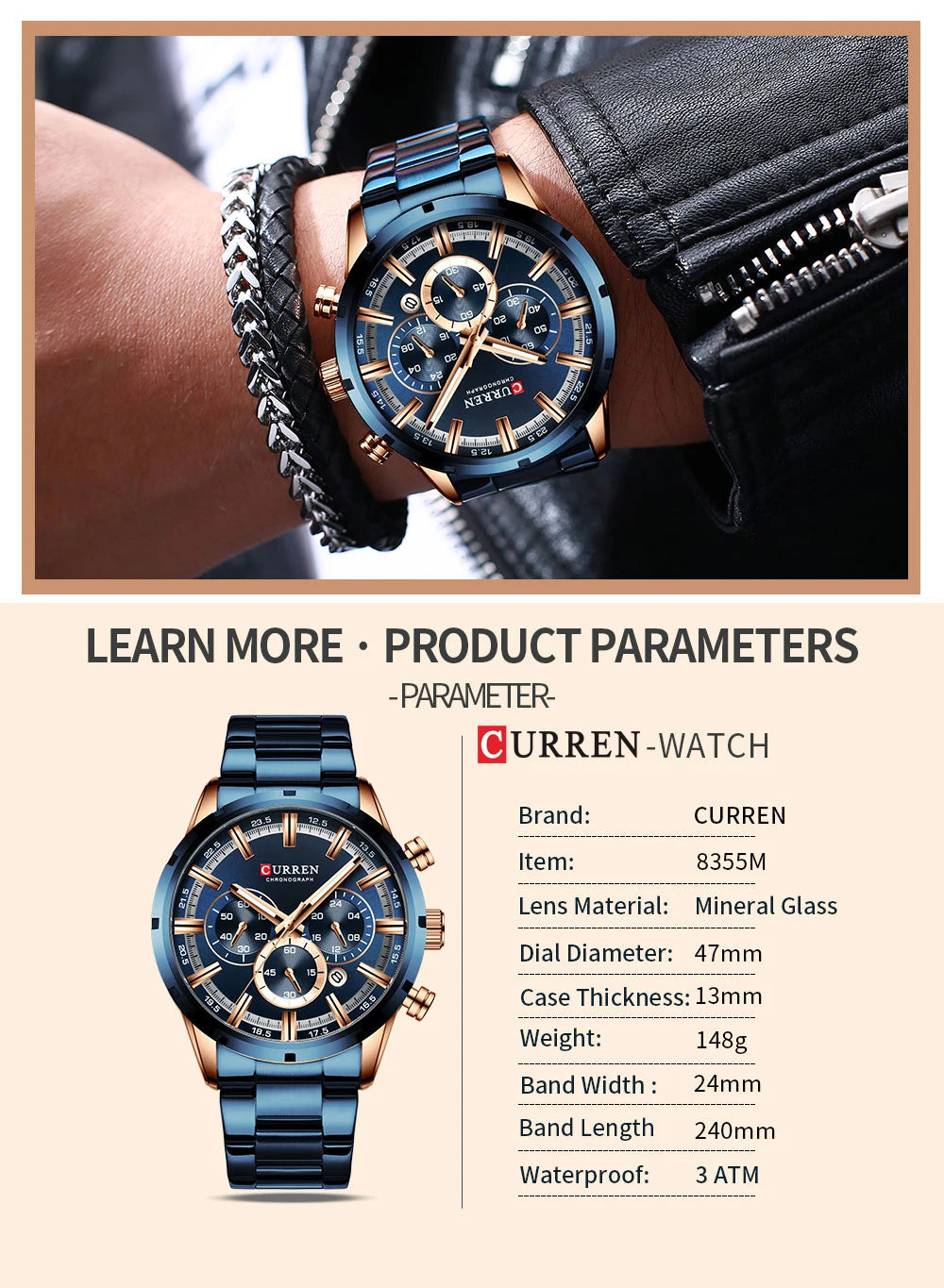 CURREN relógio de pulso masculino, relógio azul de aço inoxidável com pulseira data relógios luxuosos à prova d'água para homens de negócios