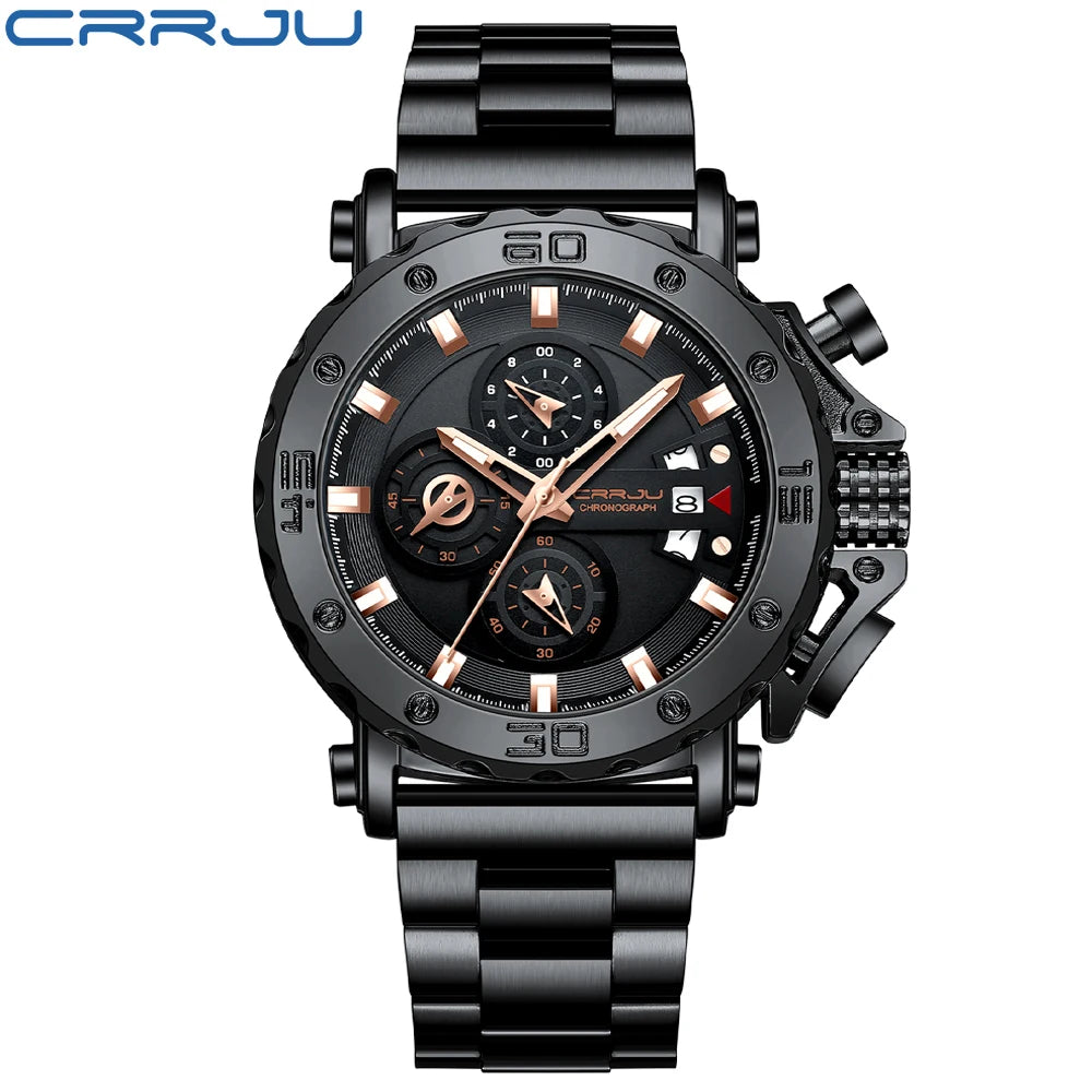 Relogio masculino crrju esporte cronógrafo relógios masculinos marca superior de luxo aço completo relógio quartzo à prova dwaterproof água grande dial relógio masculino
