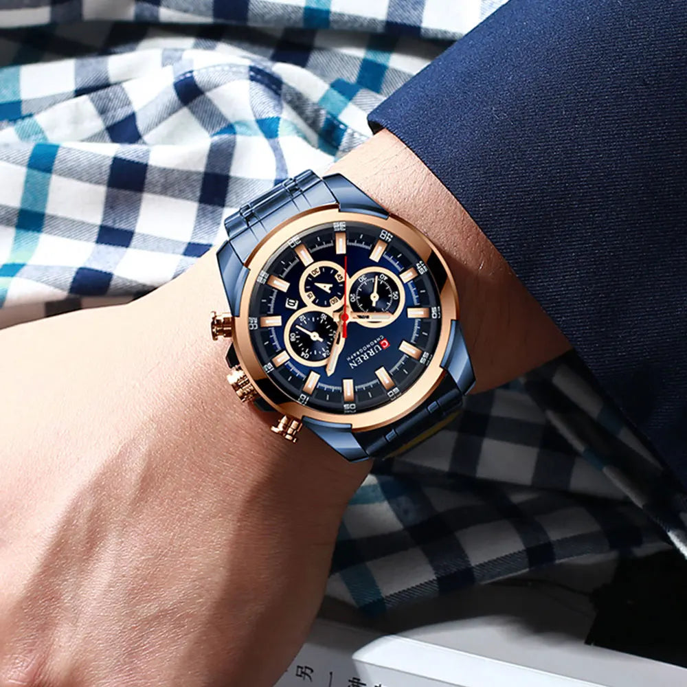 Curren relógios masculinos marca superior grande esporte relógio de luxo militar aço quartzo relógios pulso cronógrafo design ouro relógio masculino