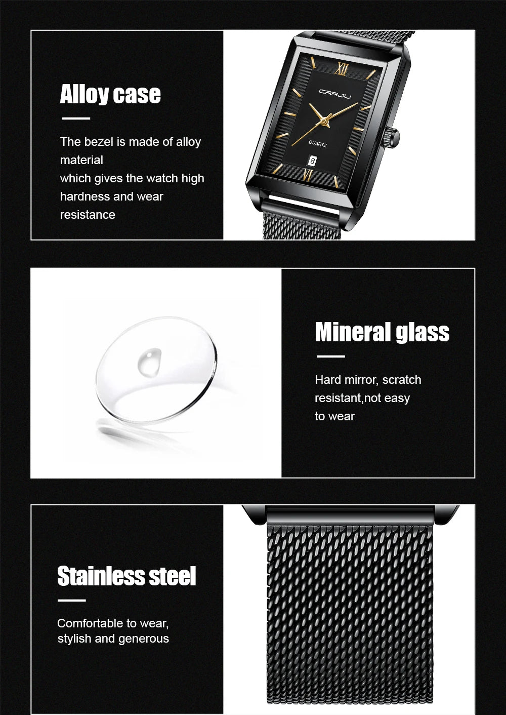 Crrju luxo relógio de ouro masculino quadrado japão quartzo fino malha aço à prova dwaterproof água esportes data automática relógios pulso relogio masculino