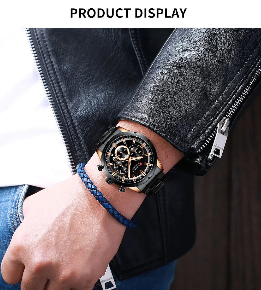 CURREN relógio de pulso masculino, relógio azul de aço inoxidável com pulseira data relógios luxuosos à prova d'água para homens de negócios