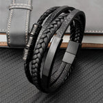 Grânulos de aço inoxidável luxo charme masculino pulseira fecho magnético trançado mutilayer couro embrulho punk pulseiras homem jóias presente