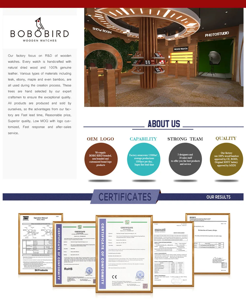 Bobo bird relógios masculinos, relógio de pulso de quartzo de madeira com pulseira de couro genuíno com caixa de papel, relógios masculinos