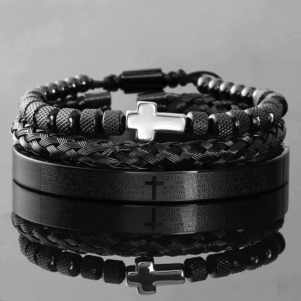 Conjunto de braceletes cruzados em aço inoxidável para homens, escultura em escrituras espanholas, jóias de luxo, Hip Hop, aberto, marca