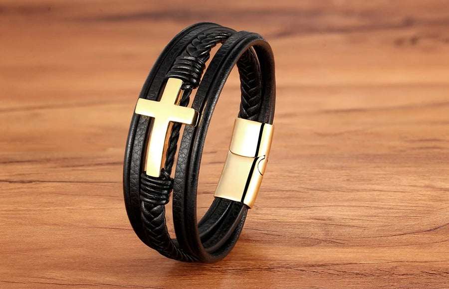 Xqni luxo multicolorido cruz design clássico aço inoxidável pulseira de couro masculino 19/21/23cm escolher bonito presentes de natal