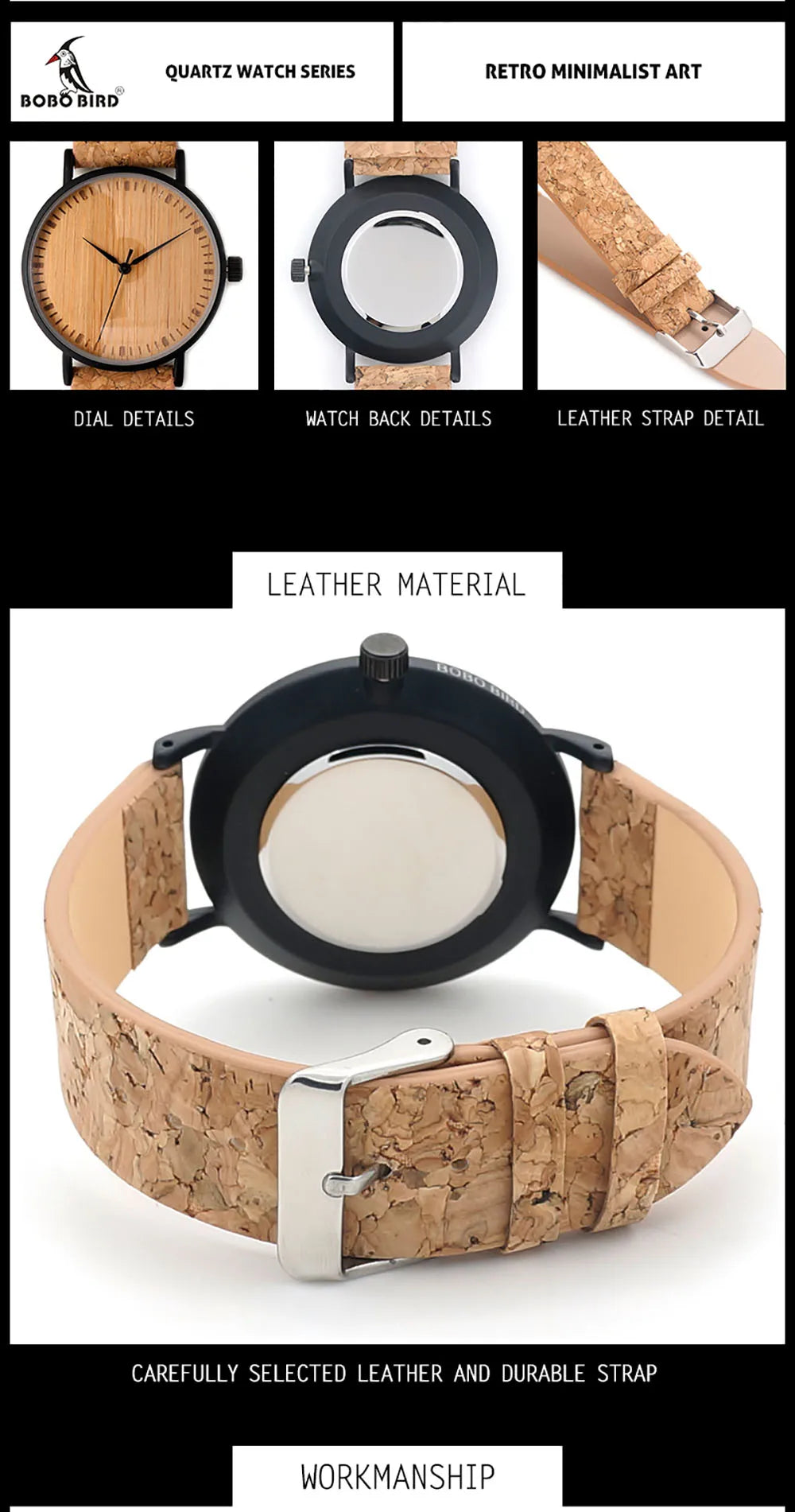 Bobo bird relógios masculinos, relógio de pulso de quartzo de madeira com pulseira de couro genuíno com caixa de papel, relógios masculinos
