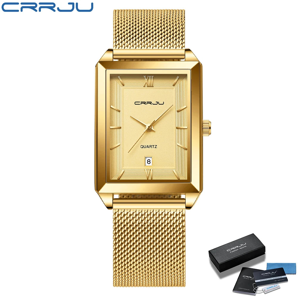 Crrju luxo relógio de ouro masculino quadrado japão quartzo fino malha aço à prova dwaterproof água esportes data automática relógios pulso relogio masculino