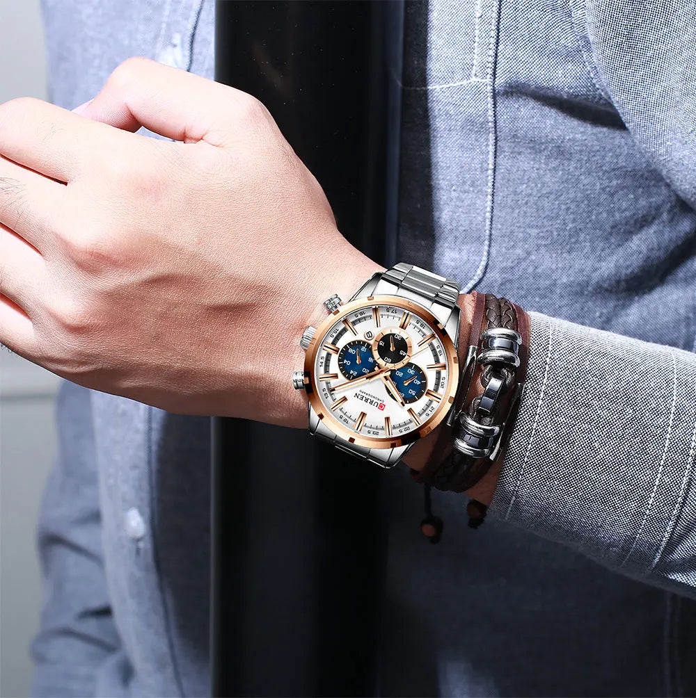CURREN relógio de pulso masculino, relógio azul de aço inoxidável com pulseira data relógios luxuosos à prova d'água para homens de negócios