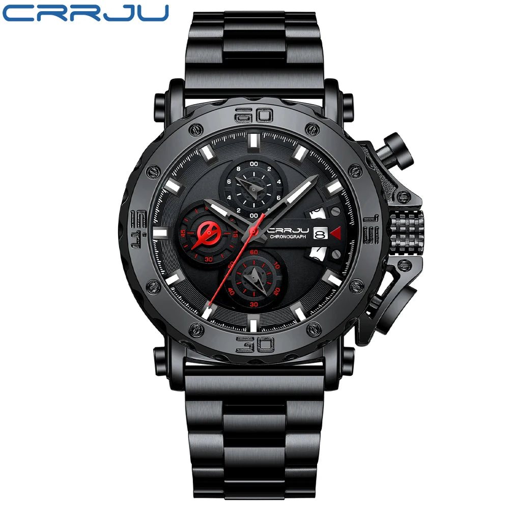Relogio masculino crrju esporte cronógrafo relógios masculinos marca superior de luxo aço completo relógio quartzo à prova dwaterproof água grande dial relógio masculino