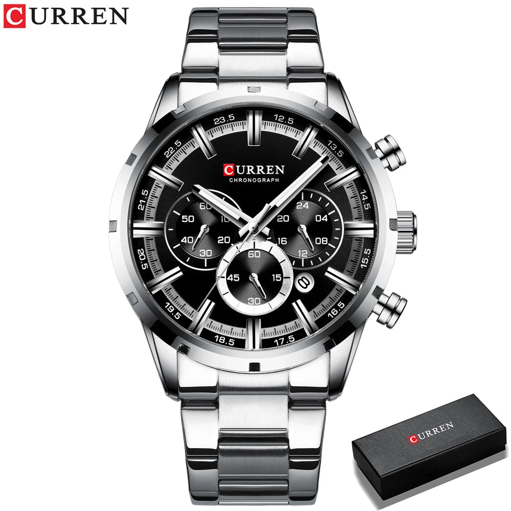 CURREN relógio de pulso masculino, relógio azul de aço inoxidável com pulseira data relógios luxuosos à prova d'água para homens de negócios