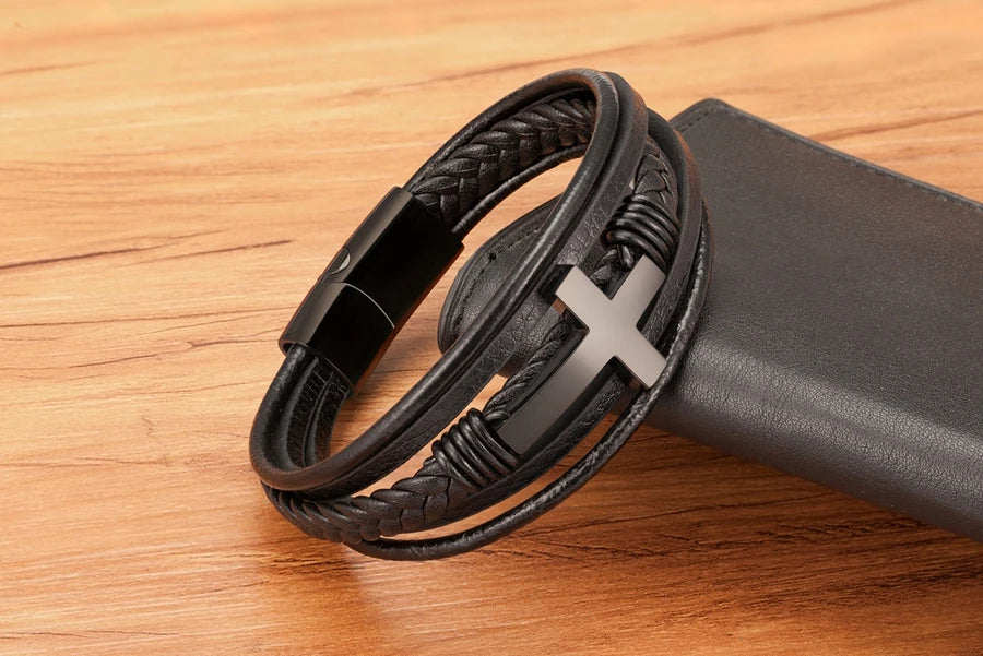Xqni luxo multicolorido cruz design clássico aço inoxidável pulseira de couro masculino 19/21/23cm escolher bonito presentes de natal