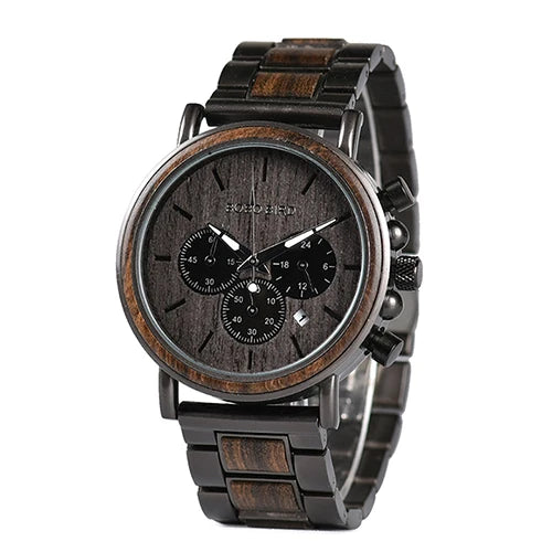 Bobobird relógio masculino de luxo, cronógrafo de quartzo, relógio de pulso personalizado, pulseira de metal e madeira, caixa de presente
