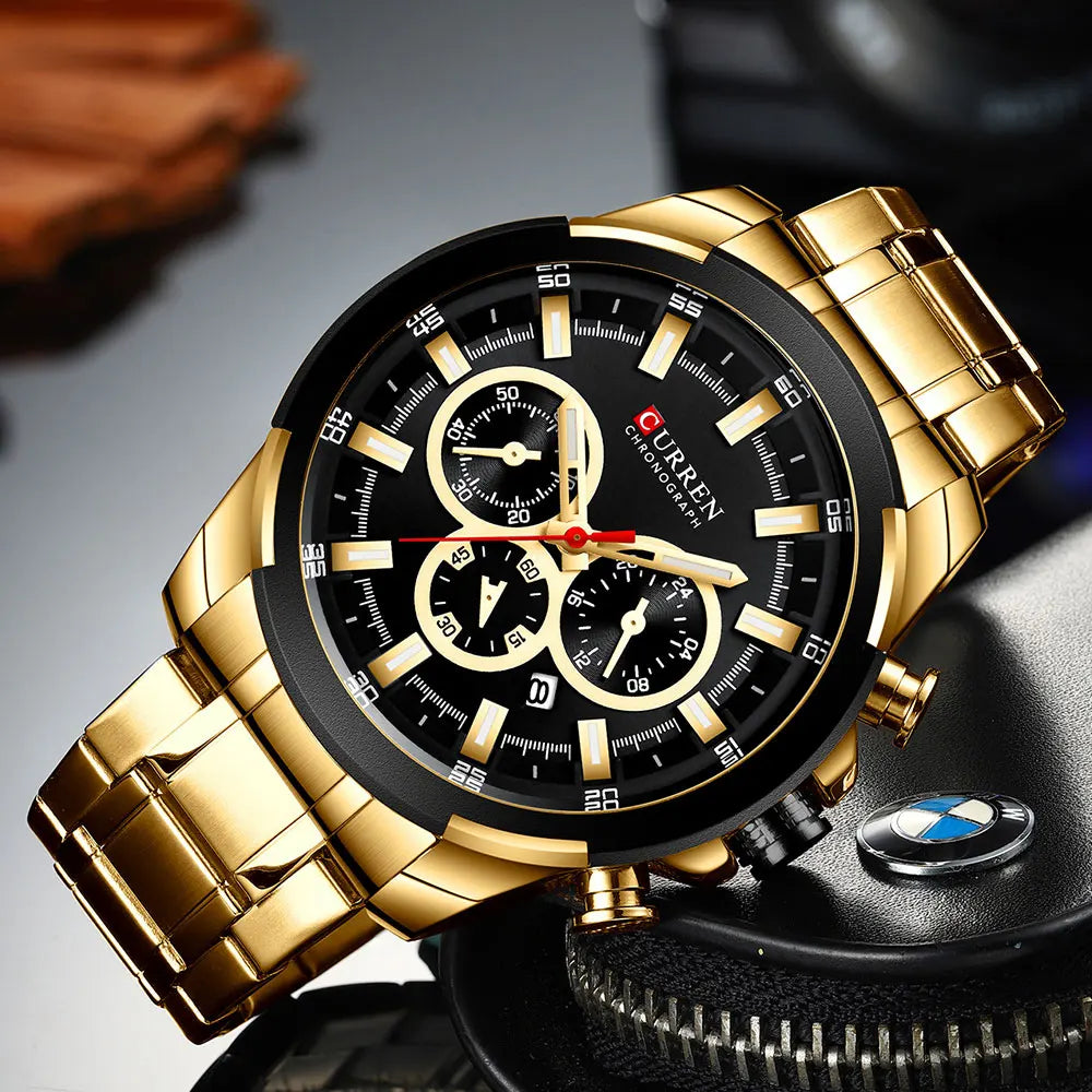Curren relógios masculinos marca superior grande esporte relógio de luxo militar aço quartzo relógios pulso cronógrafo design ouro relógio masculino