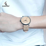 Bobo bird relógios masculinos, relógio de pulso de quartzo de madeira com pulseira de couro genuíno com caixa de papel, relógios masculinos