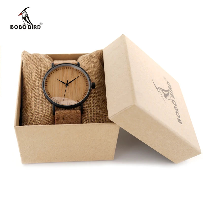 Bobo bird relógios masculinos, relógio de pulso de quartzo de madeira com pulseira de couro genuíno com caixa de papel, relógios masculinos