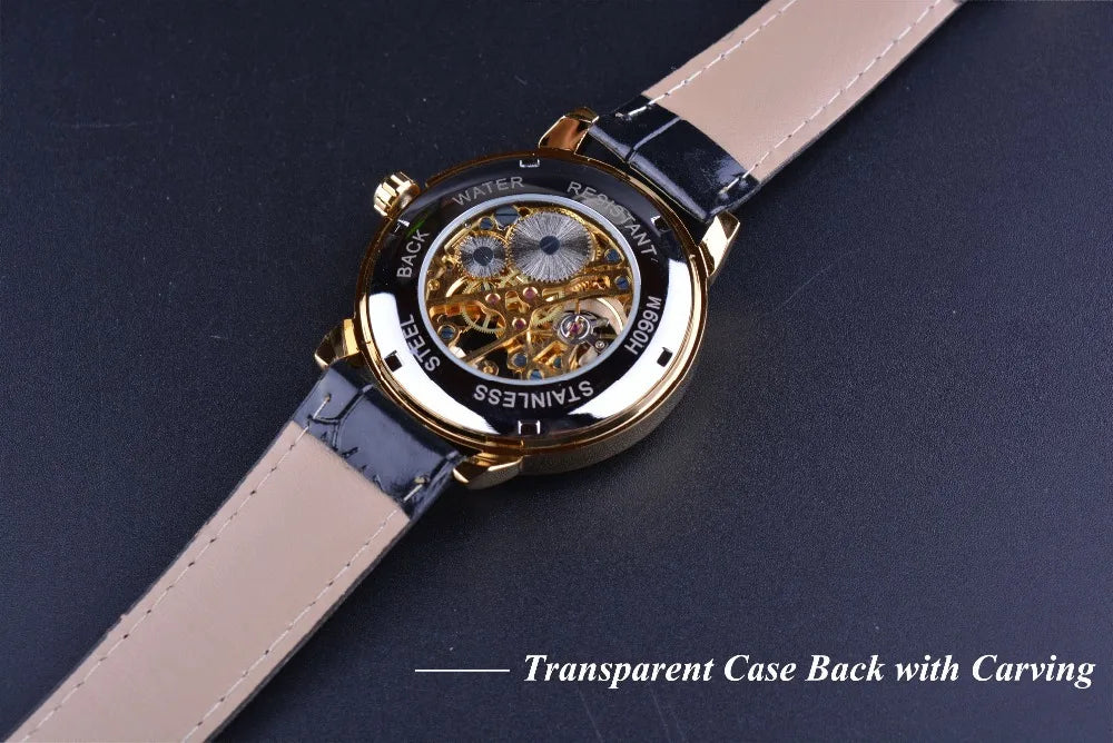 Forsining logotipo 3d design oco gravura preto caso dourado esqueleto de couro relógios mecânicos masculino marca luxo heren horloge