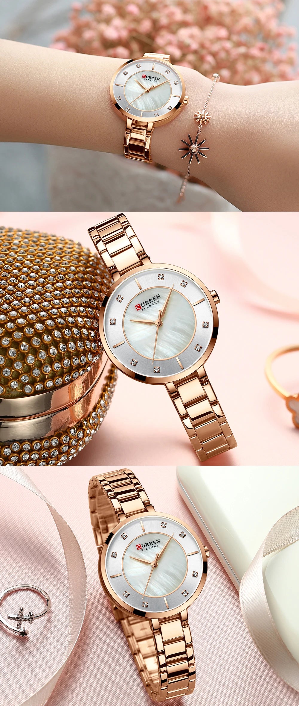 Curren mulher relógios rosa ouro marca superior relógio de luxo feminino quartzo à prova dwaterproof água relógio de pulso senhoras meninas relógios