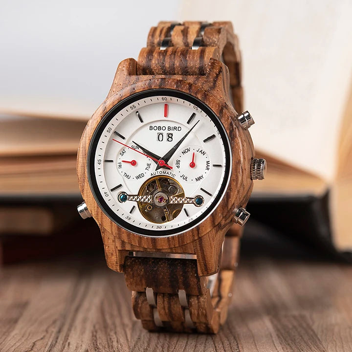Bobo pássaro relógios mecânicos masculino feminino automático duplo tourbillon relógio de pulso roda balanço metal de madeira relógio relogio
