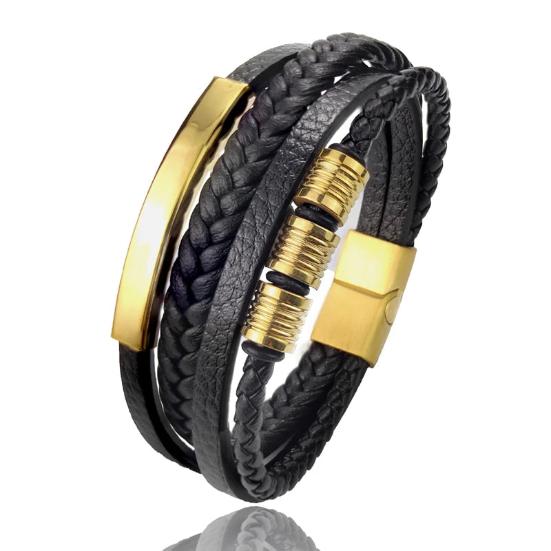 Grânulos de aço inoxidável luxo charme masculino pulseira fecho magnético trançado mutilayer couro embrulho punk pulseiras homem jóias presente