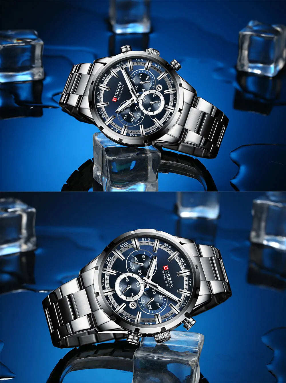 CURREN relógio de pulso masculino, relógio azul de aço inoxidável com pulseira data relógios luxuosos à prova d'água para homens de negócios