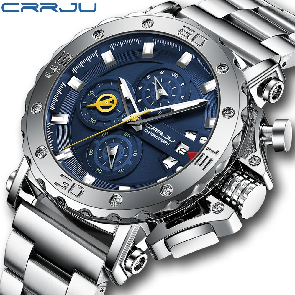 Relogio masculino crrju esporte cronógrafo relógios masculinos marca superior de luxo aço completo relógio quartzo à prova dwaterproof água grande dial relógio masculino