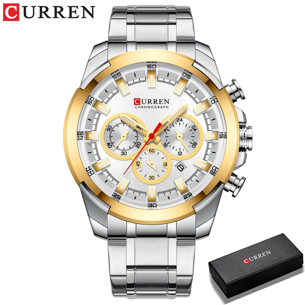 Curren relógios masculinos marca superior grande esporte relógio de luxo militar aço quartzo relógios pulso cronógrafo design ouro relógio masculino