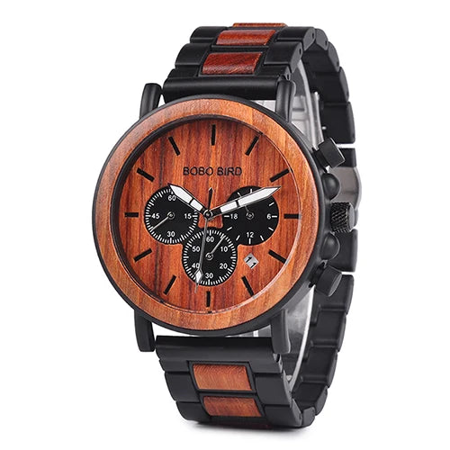 Bobobird relógio masculino de luxo, cronógrafo de quartzo, relógio de pulso personalizado, pulseira de metal e madeira, caixa de presente