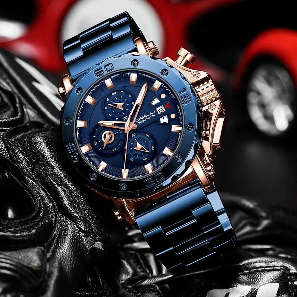 Relogio masculino crrju esporte cronógrafo relógios masculinos marca superior de luxo aço completo relógio quartzo à prova dwaterproof água grande dial relógio masculino