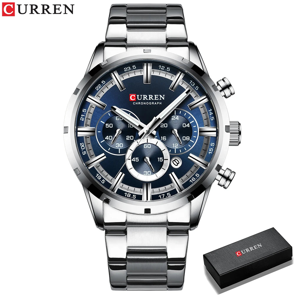 CURREN relógio de pulso masculino, relógio azul de aço inoxidável com pulseira data relógios luxuosos à prova d'água para homens de negócios