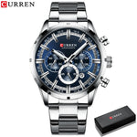 CURREN relógio de pulso masculino, relógio azul de aço inoxidável com pulseira data relógios luxuosos à prova d'água para homens de negócios