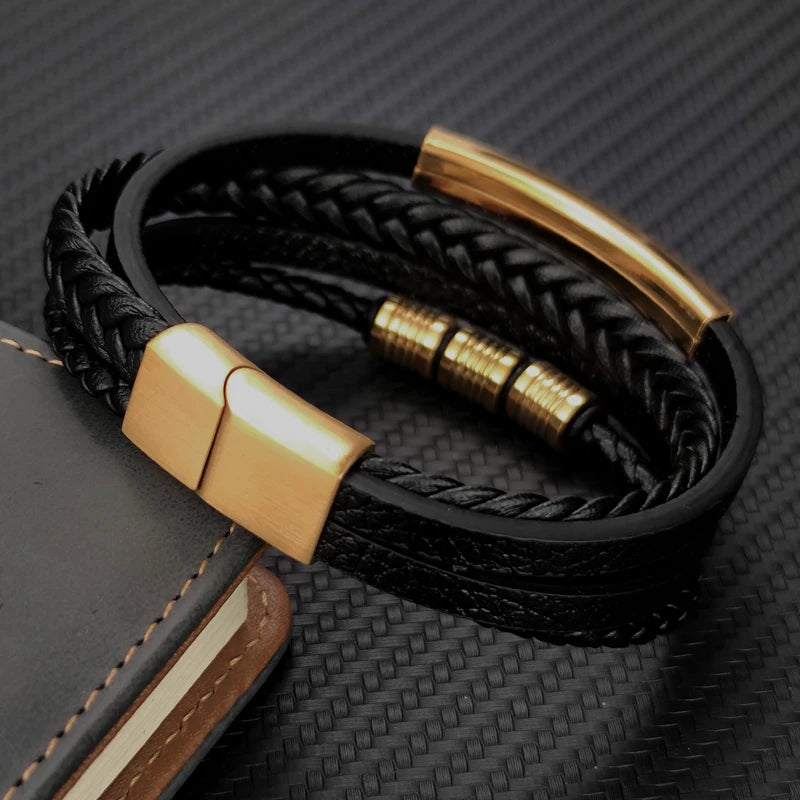 Grânulos de aço inoxidável luxo charme masculino pulseira fecho magnético trançado mutilayer couro embrulho punk pulseiras homem jóias presente