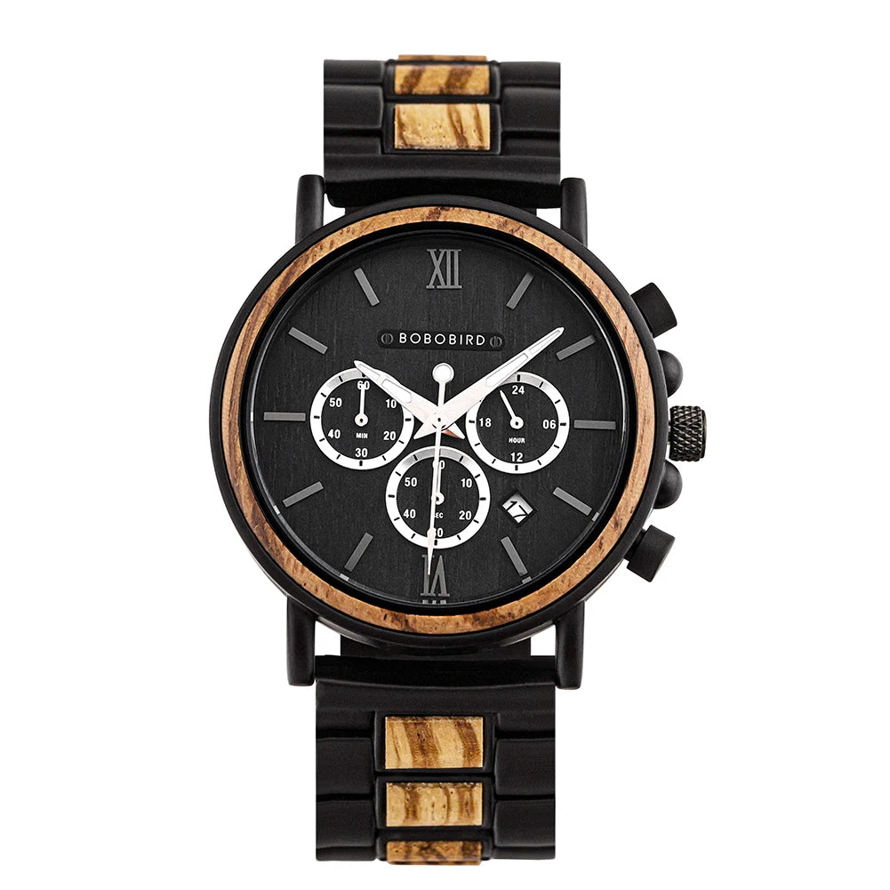 Bobobird relógio masculino de luxo, cronógrafo de quartzo, relógio de pulso personalizado, pulseira de metal e madeira, caixa de presente