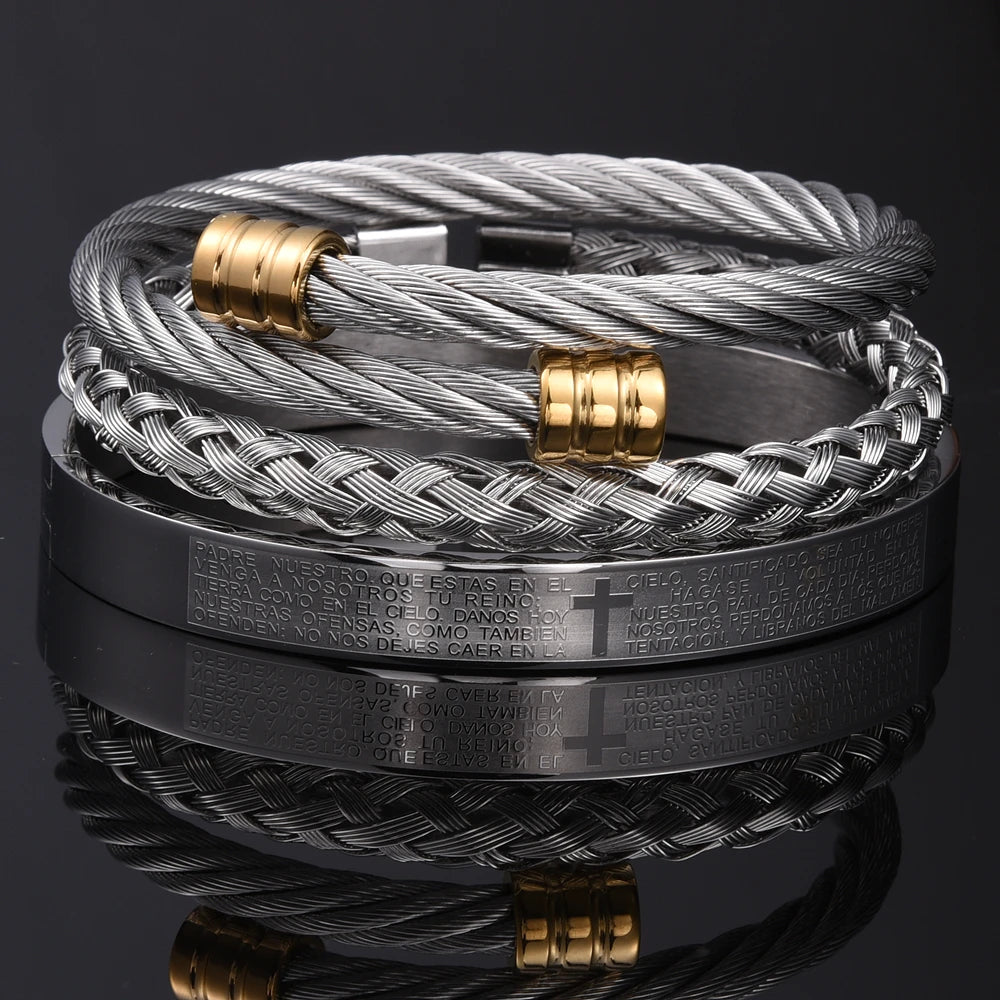 Conjunto de braceletes cruzados em aço inoxidável para homens, escultura em escrituras espanholas, jóias de luxo, Hip Hop, aberto, marca